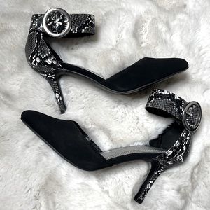 NEW Impo Tannie 7.5 black snake skin ankle strap heels